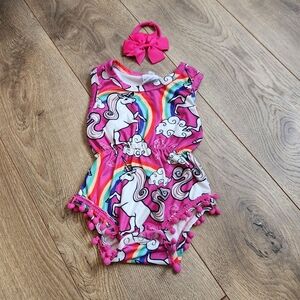 Pink Unicorn Baby Romper with Headband